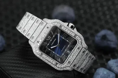 Pre-owned Cartier Santos De  Large Model Wssa0018 Custom Diamonds Stainless Steel
