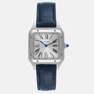 Pre-owned Cartier Santos Dumont Large Black Strap Steel Men's Watch Wssa0022 43.5 Mm X 31.4 Mm In Silver