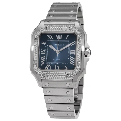 Cartier Santos Medium Model Automatic Diamond Blue Dial Ladies Watch W4sa0006 In Metallic