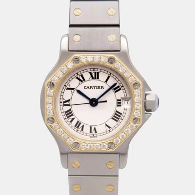 Pre-owned Cartier Customised Silver 0.50ct Diamond 18k Yellow Gold Santos Octagon 187903 Quartz Women's Wristwatch 25m
