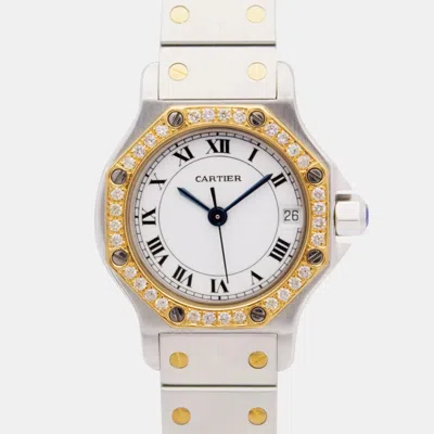 Pre-owned Cartier Santos Octagon 187903 25mm Custom Diamond Bezel White Dial Wristwatch