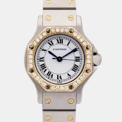 Pre-owned Cartier Santos Octagon 25mm 0907 Auto Custom Diamond Bezel White Dial Wristwatch In Silver