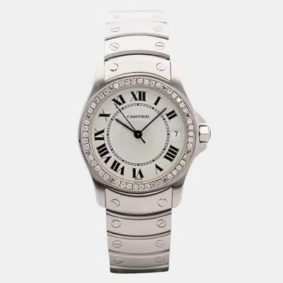 Pre-owned Cartier Santos Ronde 1920-1 33mm Custom Diamond Bezel White Dial Date Auto Steel Wristwatch
