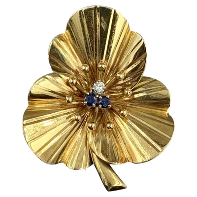Pre-owned Cartier Sapphire Diamond Clover Flower Brooch 14 Karat Gold Mid-century Retro In Blue