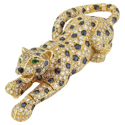 Pre-owned Cartier Sapphire, Emerald & Diamond Panthere Brooch 18k Gold In Green
