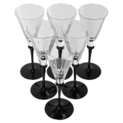 Pre-owned Cartier Set Of 6 Signed  Champagne Glasses, Crystal With Black Stem, France 1980s