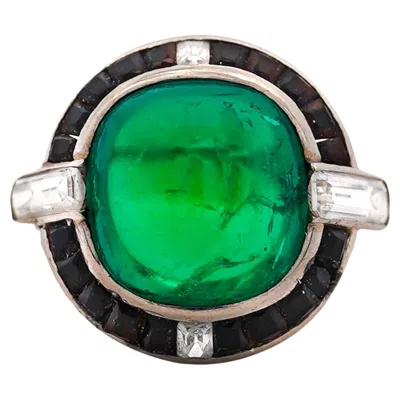 Pre-owned Cartier Signed Art Deco Colombian Emerald Onyx & Diamond Platinum Ring In Green