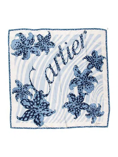 Pre-owned Cartier Silk Floral Print Scarf In Blue