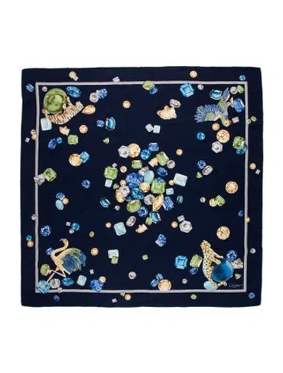 Pre-owned Cartier Silk Graphic Print Scarf In Blue