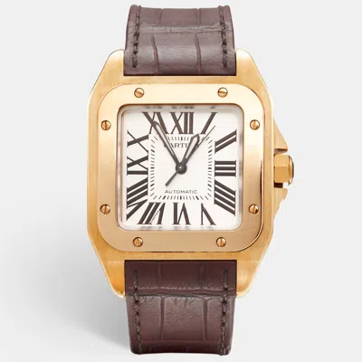 Pre-owned Cartier Silver 18k Rose Gold Alligator Leather Santos 100 W20108y1 Men's Wristwatch 33 Mm In Brown