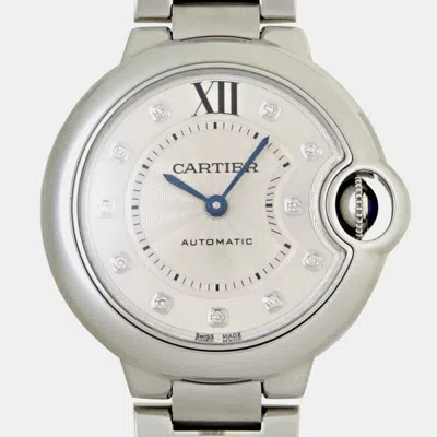 Pre-owned Cartier Silver Diamond Stainless Steel Ballon Bleu Automatic Women's Wristwatch 33 Mm