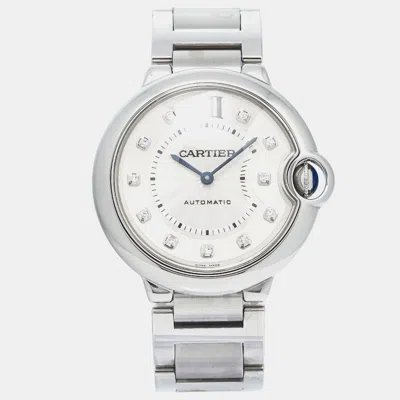 Pre-owned Cartier Silver Diamonds Stainless Steel Ballon Bleu We902075 Automatic Women's Wristwatch 36mm