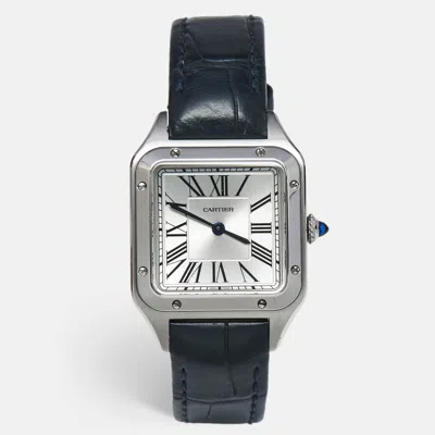 Pre-owned Cartier Silver Stainless Steel Alligator Santos-dumont Wssa0086 Women's Wristwatch 27 Mm