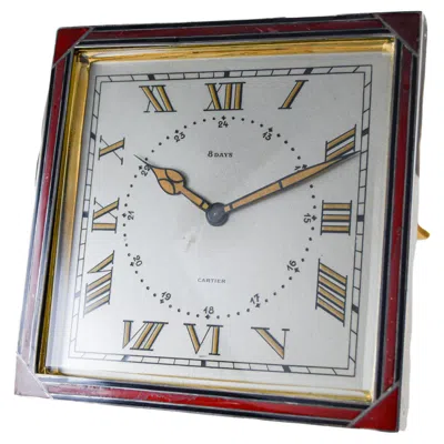 Pre-owned Cartier Sterling And Enamel Art Deco Desk Clock With Breguet Engine Turned Dial In Silver