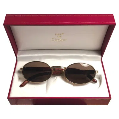 Pre-owned Cartier Sully New Gold And Wood 53/22 Full Set Brown Lens France Sunglasses