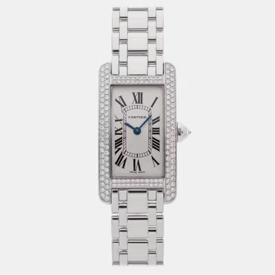 Pre-owned Cartier Tank Americaine Wb7044l1 White White Gold Diamond Quartz Women Wristwatch 34 X 19 Mm