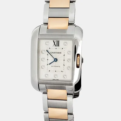 Pre-owned Cartier Tank Anglaise 3511 Automatic Silver Diamond 18k Rose Gold Stainless Steel Women's Wristwatch 30 Mm