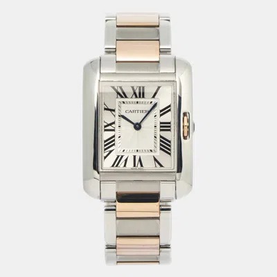Pre-owned Cartier Tank Anglaise 3704 W5310043 Silver Dial 18k Rose Gold Stainless Steel Quartz Women Watch 26 Mm