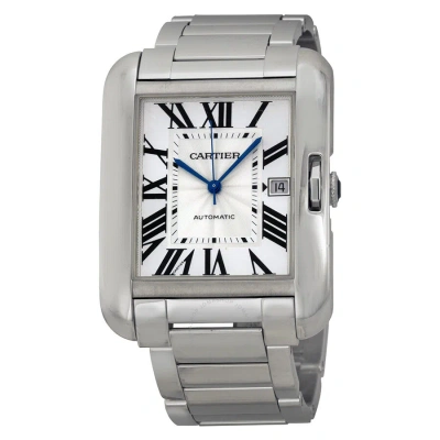 Cartier Tank Anglaise Silver Dial 18kt White Gold Men's Watch W5310025 In Blue / Gold / Silver / Tan / White