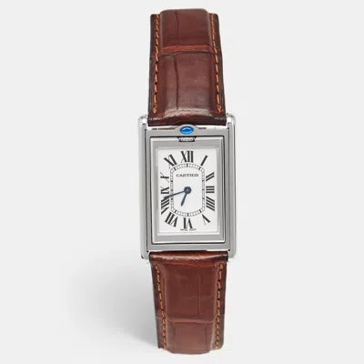Pre-owned Cartier Tank Basculante W1014458 Silver Dial Stainless Steel Alligator Leather Women's Wristwatch 25.40 Mm In Brown