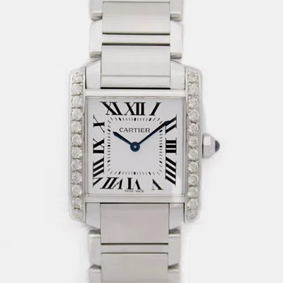 Pre-owned Cartier Tank Francaise 2301 25mm Custom Diamond Bezel White Roman Steel Band Wristwatch