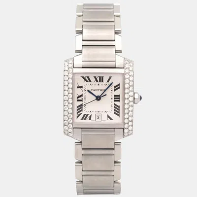 Pre-owned Cartier Tank Francaise 2302 28mm Custom 1.40ct Two Row Diamond Bezel Steel Wristwatch In Cream