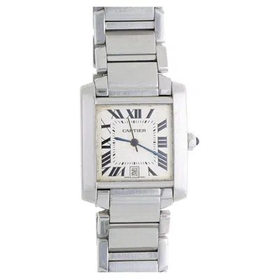 Pre-owned Cartier Tank Francaise 2302 Large Steel Guilloche Roman Dial Blue Hands Watch