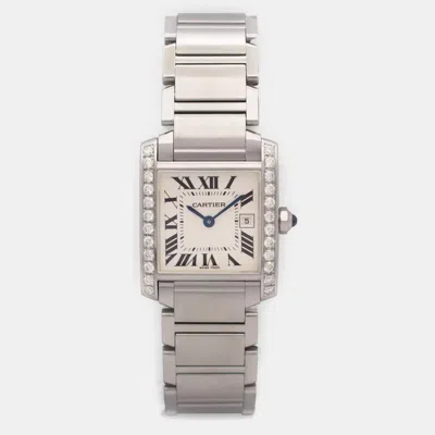 Pre-owned Cartier Tank Francaise 2465 25mm Custom Diamond Bezel Off White Dial Steel Wristwatch