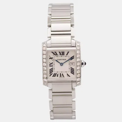 Pre-owned Cartier Tank Francaise 2465 25mm Custom Diamond Bezel White Roman Dial Steel Wristwatch In Cream