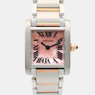 Pre-owned Cartier Tank Francaise W51027q4 Quartz Pink Shell 18k Rose Gold Stainless Steel Women's Wristwatch 20 Mm