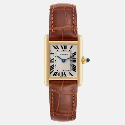 Pre-owned Cartier Tank Louis Small Yellow Gold Brown Strap Ladies Watch 22 Mm In Silver