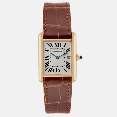 Pre-owned Cartier Tank Louis Yellow Gold Brown Leather Strap Men's Watch 25 Mm In Silver