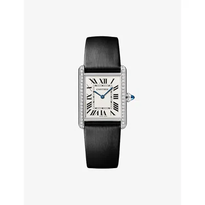 Cartier Tank Must Large Steel, 0.48ct Brilliant-cut Diamonds Leather Quartz Watch 33.7mm In Black
