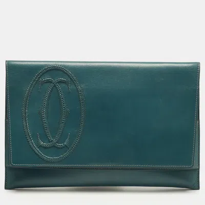 Pre-owned Cartier Teal Blue Leather Logo Flap Clutch