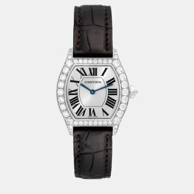Pre-owned Cartier Tortue White Gold Diamond Black Strap Ladies Watch 28 Mm In Silver