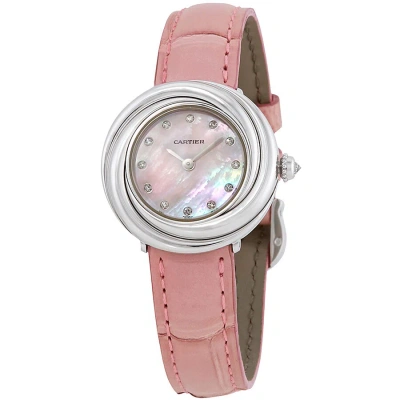 Cartier Trinity Pink Mother Of Pearl Diamond Dial 18kt White Gold Patent Leather Ladies Watch Wg2008