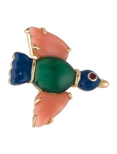 Pre-owned Cartier Vintage 18k Enamel, Chalcedony & Ruby Bird Brooch Pin In Multi