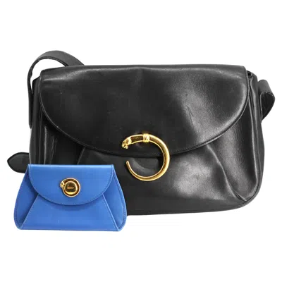 Pre-owned Cartier Vintage Black Leather Handbag And A Blue Leather Change Purse