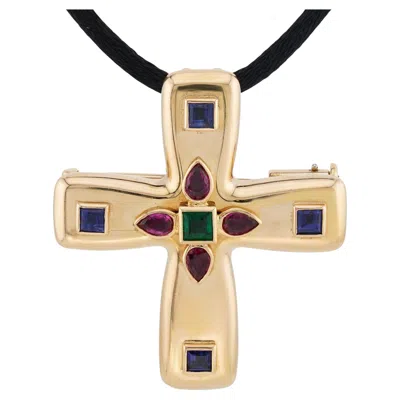 Pre-owned Cartier Vintage Byzantine Cross Sapphire Ruby Pendant Brooch Necklace In Blue