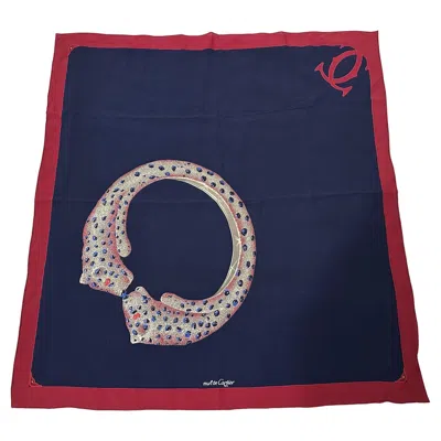 Pre-owned Cartier Vintage  1990s Unisex Scarf With Panther Motif In Navy Red