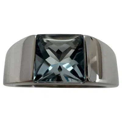 Pre-owned Cartier Vintage  Blue Aquamarine Square Cushion Cut 18k White Gold Tank Ring 51 L