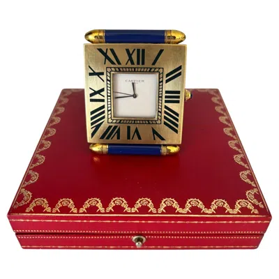 Pre-owned Cartier Vintage  Folding Travel Desk Clock Paris Gilt-brass And Blue Enamel 1990