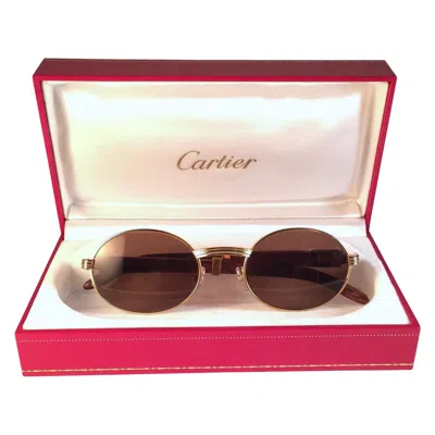 Pre-owned Cartier Vintage  Giverny Gold And Wood Large 53/22 Full Set Brown Lens Sunglasses