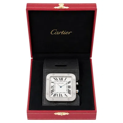 Pre-owned Cartier Vintage  Santos Silver Tone Travel Alarm Clock In Black Leather Case