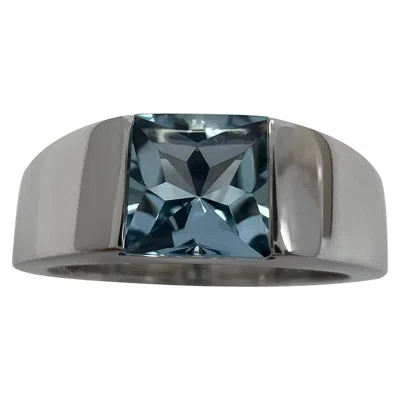Pre-owned Cartier Vintage  Vivid Blue Aquamarine Square Cushion 18k White Gold Tank Ring 53