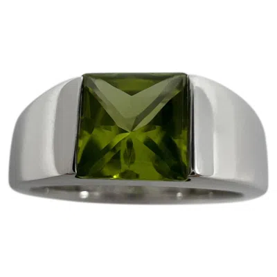 Pre-owned Cartier Vintage  Vivid Green Peridot 18 Karat White Gold Tank Band Solo Ring 48