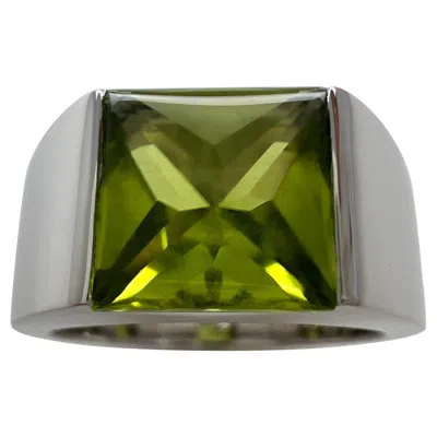 Pre-owned Cartier Vintage  Vivid Green Peridot 18k White Gold Large Tank Band Solo Ring 50