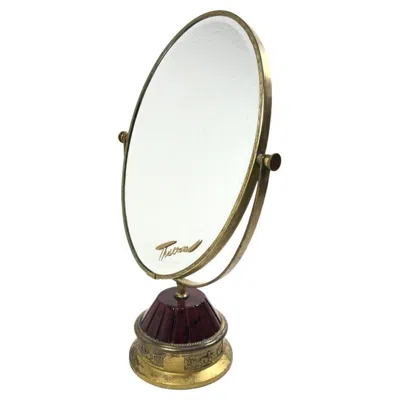 Pre-owned Cartier Vintage Tura Pivotal Oversized Table Mirror Burgundy Enamel Gold-plated, 1950 In Red