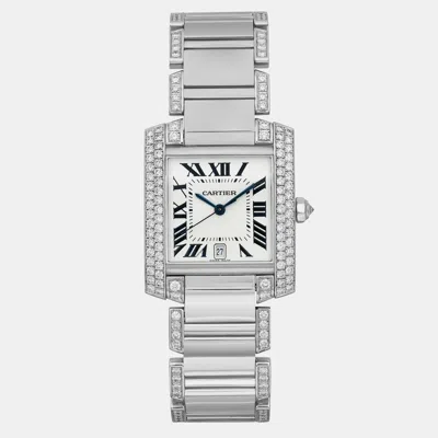 Pre-owned Cartier White 18k White Gold Tank Française We1003sf Automatic Women's Wristwatch 28mm In Silver