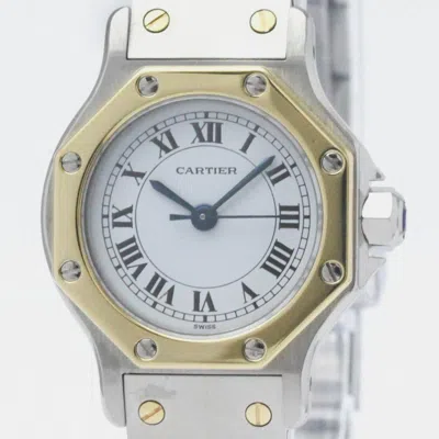 Pre-owned Cartier White 18k Yellow Gold Stainless Steel Santos Octagon Automatic Women's Wristwatch 24 Mm